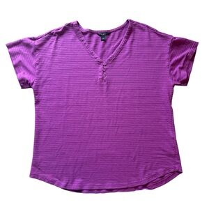 Talbots Purple Textured Ribbed V-Neck Short Sleeve Top Size Large Casual Chic